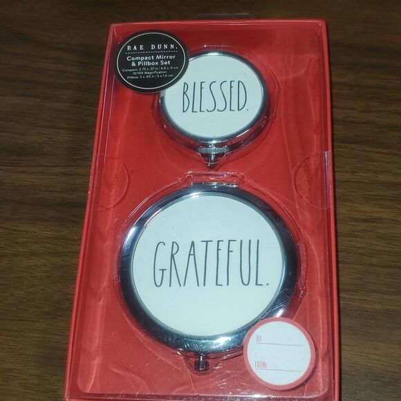 NEW Rae Dunn Compact Mirror & Pill Box Gift Set Blessed & Grateful - Picture 1 of 9